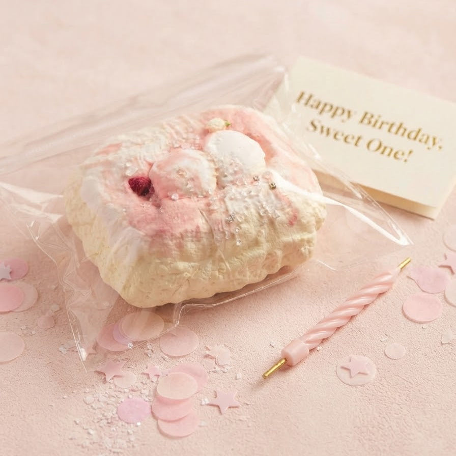 A pink and cream frosted cake-shaped squishy toy in a clear plastic bag, styled with a small card reading 'Happy Birthday, Sweet One!' and a pink candle on a soft pink background.