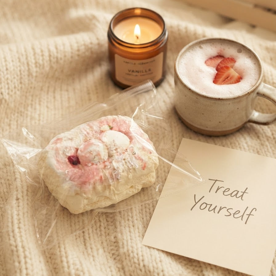 A styled flat-lay featuring a packaged pink and white pastry on a beige knit blanket, next to a lit amber candle, a cup of coffee with strawberry foam, and a card that reads 'Treat Yourself'.