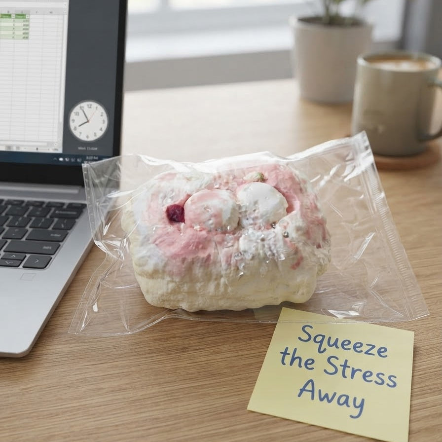 A pink and white stress toy shaped like a dessert or pastry, sealed in a clear plastic bag on a wooden desk next to a laptop and a yellow sticky note that reads 'Squeeze the Stress Away'.