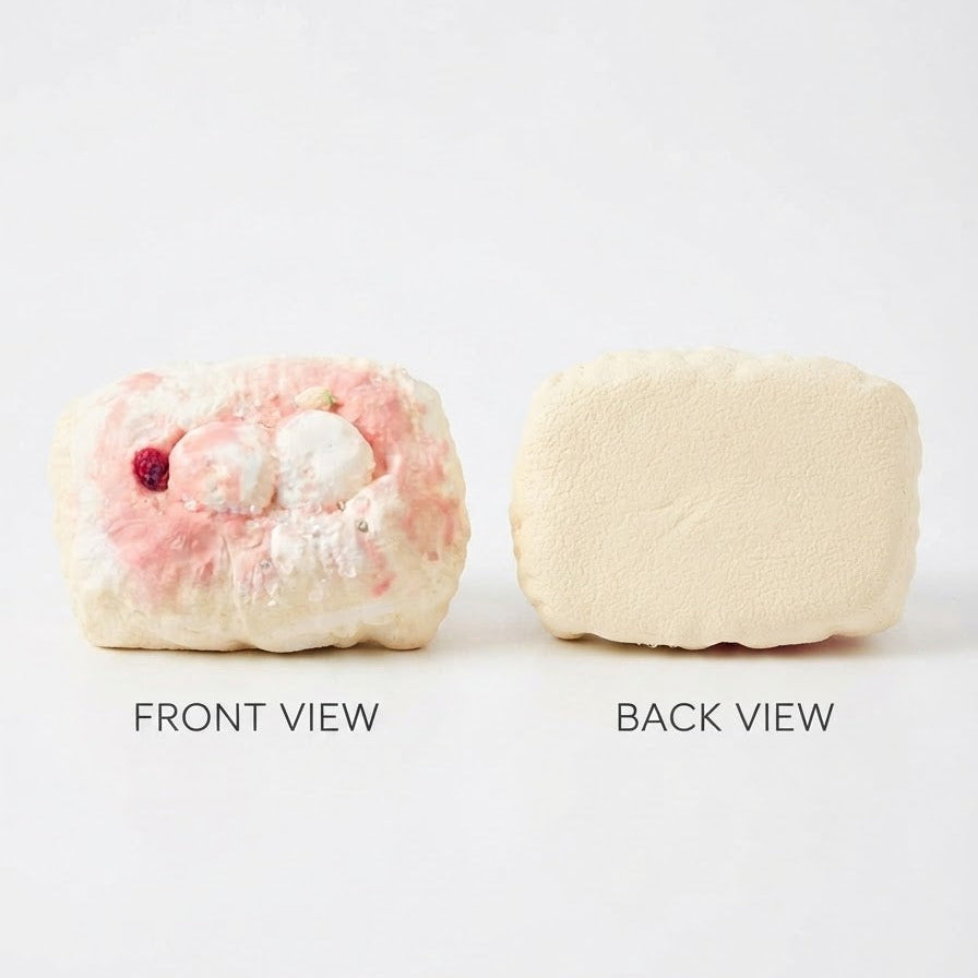 Two rectangular bath bombs shown on a white background with labels 'FRONT VIEW' and 'BACK VIEW'. The left bath bomb shows a pink and white pattern with a small red berry detail, and the right one is plain cream.