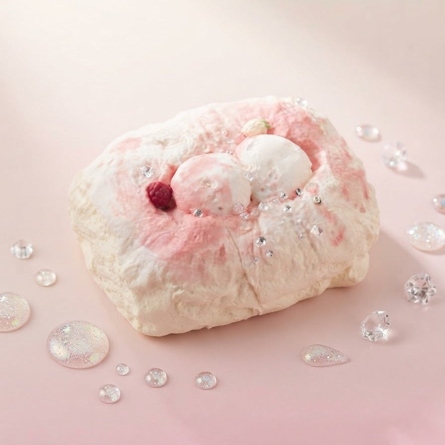 A pink and white textured bath bomb with white spheres and a small red berry detail, styled on a soft pink background with scattered clear rhinestones.