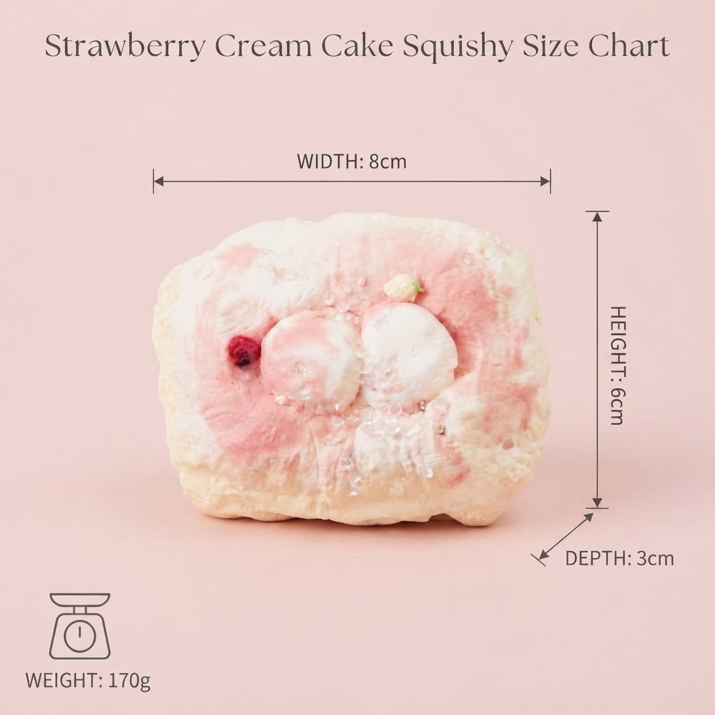 A strawberry cream cake-themed squishy with dimension labels showing width 8cm, height 6cm, and depth 3cm, plus a weight of 170g, on a light pink background.