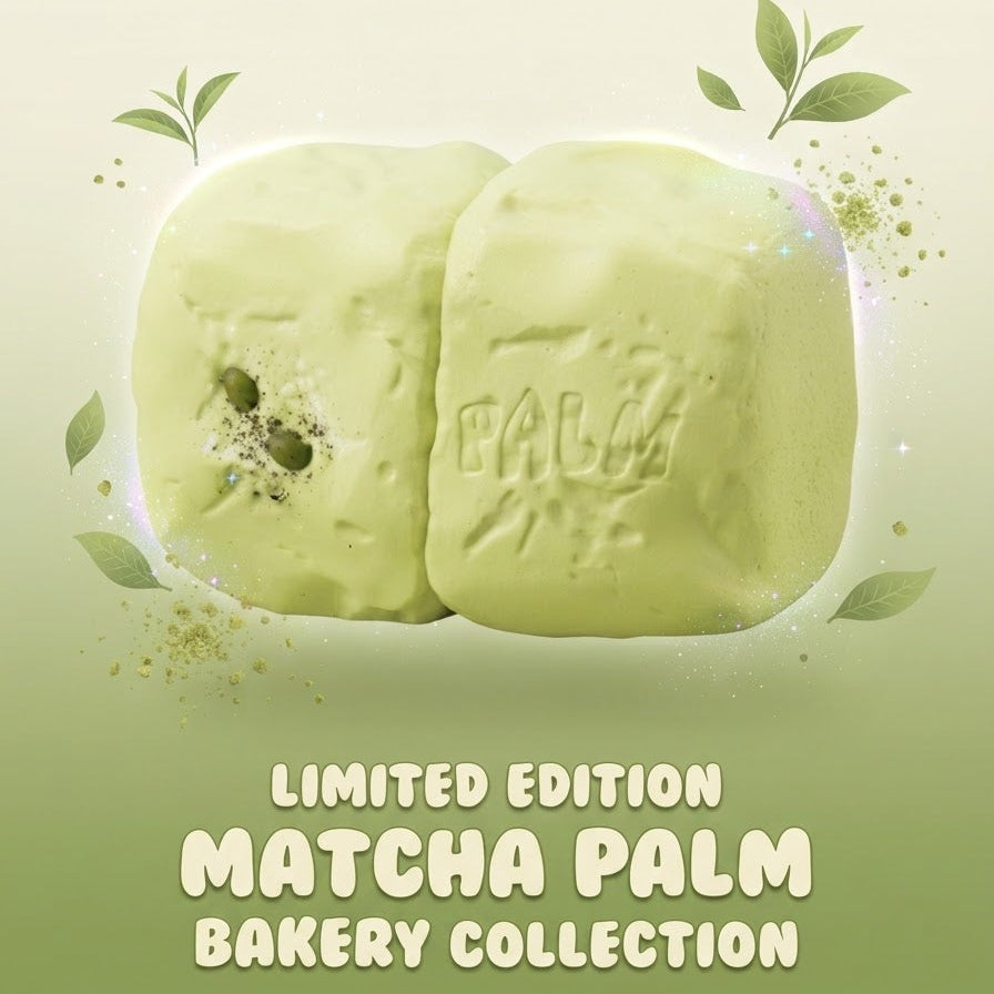 Two pale matcha green palm-shaped bars with 'PALM' embossed on them, presented on a soft cream-to-green gradient background with decorative leaves and text reading 'LIMITED EDITION MATCHA PALM BAKERY COLLECTION'.