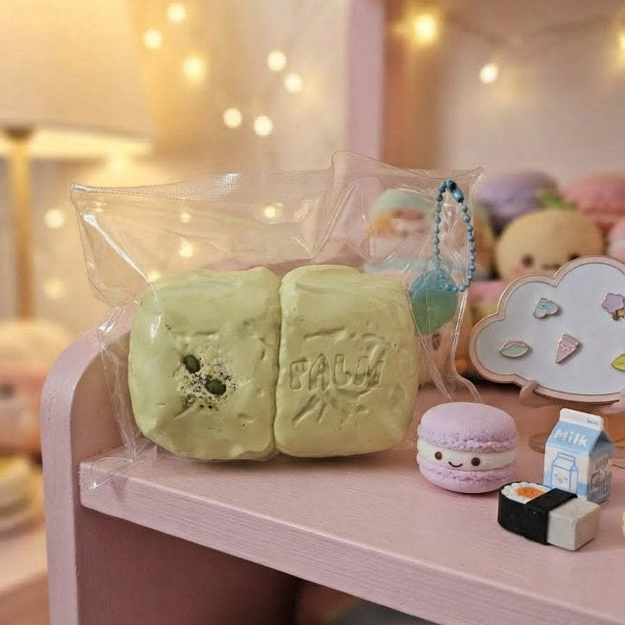 A pastel green squishy toy shaped like two small cakes or pastries, sealed in a clear plastic bag and displayed on a pink shelf alongside other small plush and accessory items.