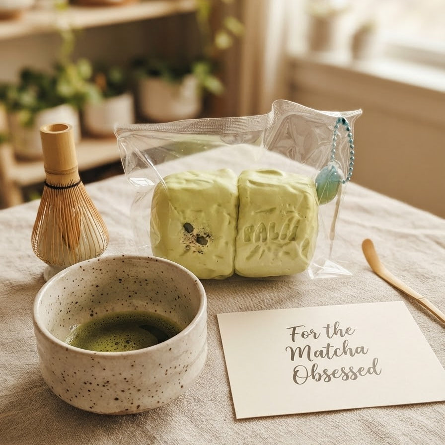 A styled tabletop scene with a ceramic bowl of green matcha tea, a bamboo whisk, a clear bag containing two pale green rectangular matcha cakes, and a small card that reads 'For the Matcha Obsessed.' The setting is indoors with warm natural light, shelves, and plants in the background.