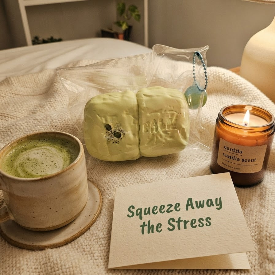 A packaged green squeeze toy sits on a beige blanket beside a cup of matcha latte, a lit candle, and a card that reads 'Squeeze Away the Stress.'.