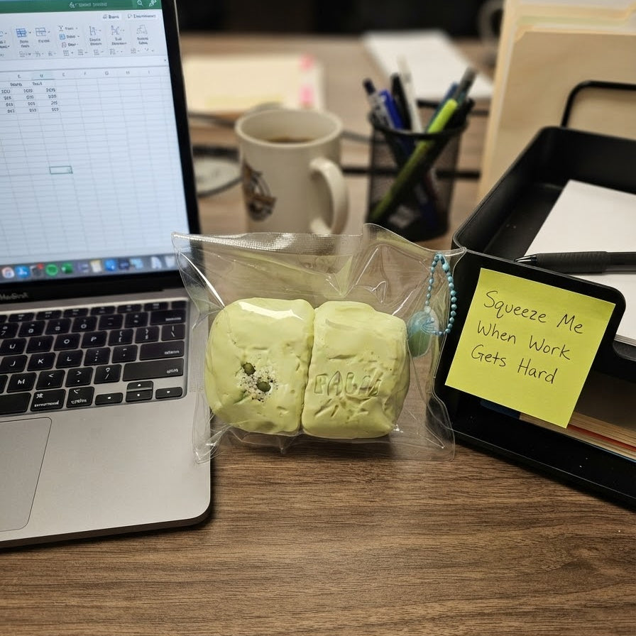 Two pale yellow-green squishy stress toys in a clear plastic bag on a wooden desk, surrounded by a laptop, mug, pens, and a yellow sticky note that reads 'Squeeze Me When Work Gets Hard'.