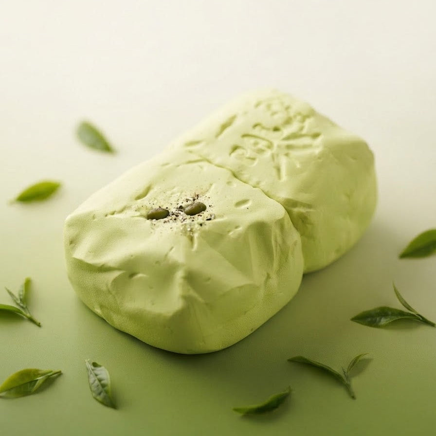Two pale green soap bars with embossed characters, styled with scattered green tea leaves on a light green surface against a white background.