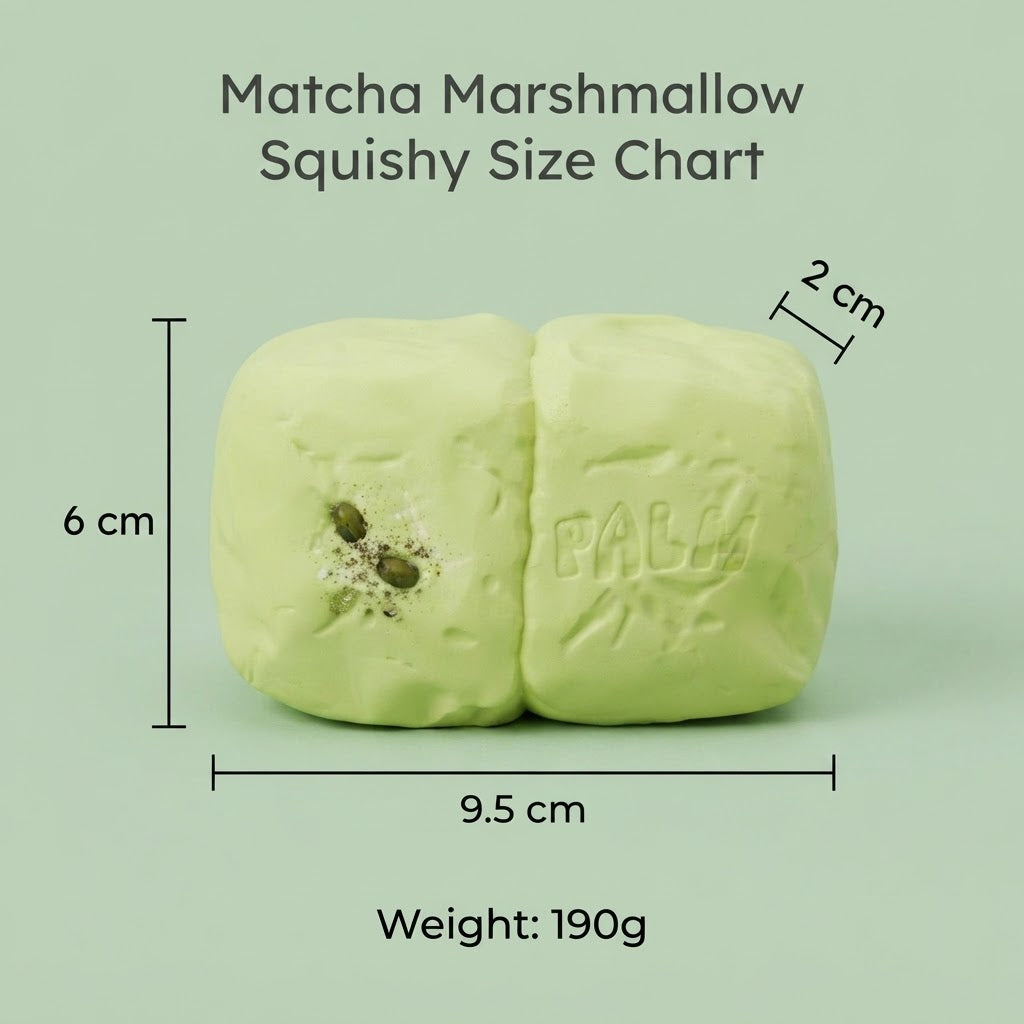 A matcha marshmallow squishy shown on a pale green background with overlaid size and weight information: 6 cm height, 9.5 cm width, 2 cm depth, and 190g weight.