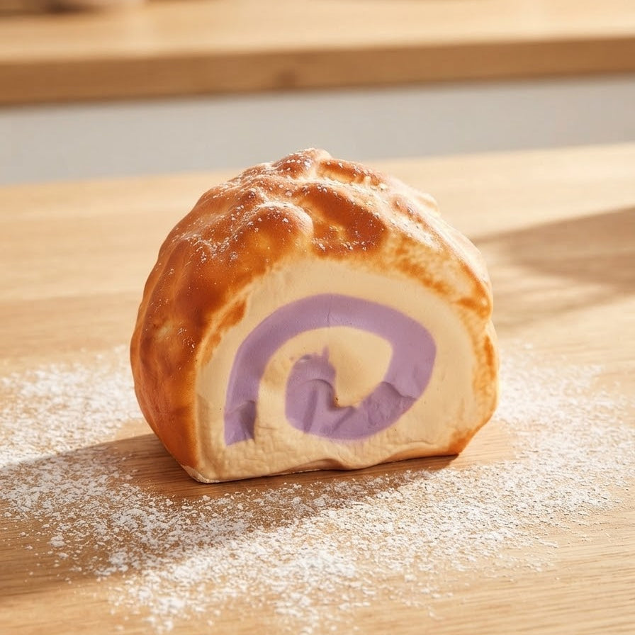 A golden-brown baked roll with a purple swirl filling, photographed on a wooden surface with a blurred kitchen background.