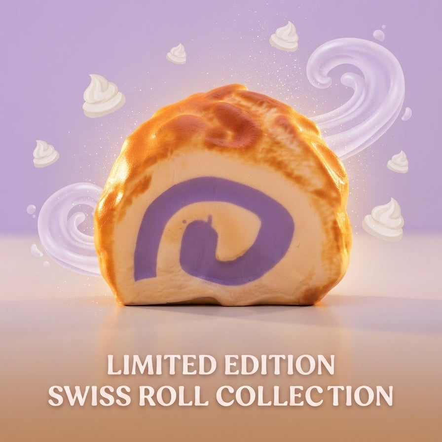 A single Swiss roll pastry shown on a lavender-to-peach gradient background with floating cream swirls and the text 'LIMITED EDITION SWISS ROLL COLLECTION' at the bottom.