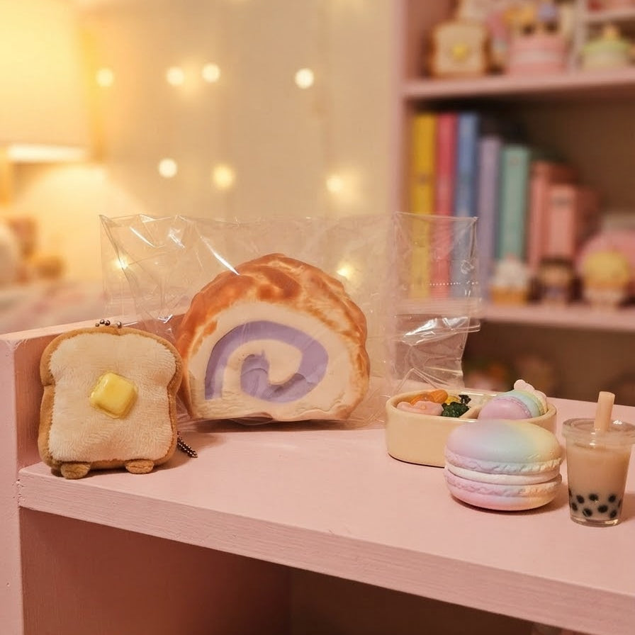 A collection of cute, food-themed plush toys and mini accessories displayed on a pink shelf in a cozy, warmly lit room. The set includes a slice of toast with butter, a bread roll with purple filling, a pastel rainbow macaron, a small drink cup, and other soft goods.