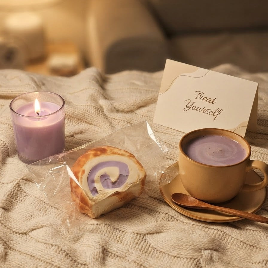 A cozy tabletop scene with a lit lavender candle, a packaged lavender-tinted pastry, a cup of lavender drink on a saucer with a wooden spoon, and a card that reads 'Treat Yourself,' all arranged on a cream knit blanket in a warm indoor setting.