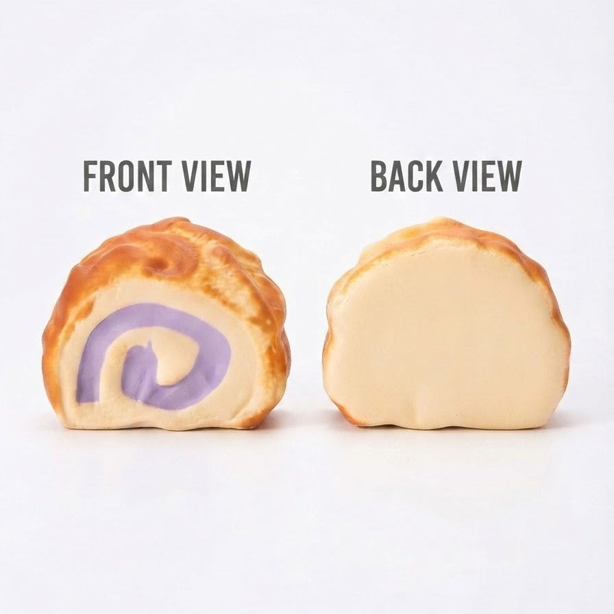 Two pastry-like treats shown on a white background with labels reading FRONT VIEW and BACK VIEW. The left treat shows a golden-brown exterior and a purple spiral filling visible from the front.
