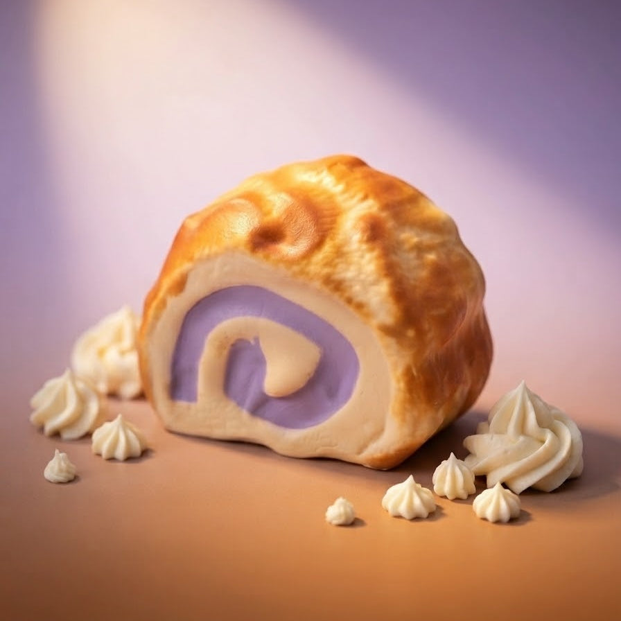 A pastry roll with a golden-brown baked exterior and a purple cream swirl filling, styled on a warm brown surface with small piped cream dollops against a soft purple background.