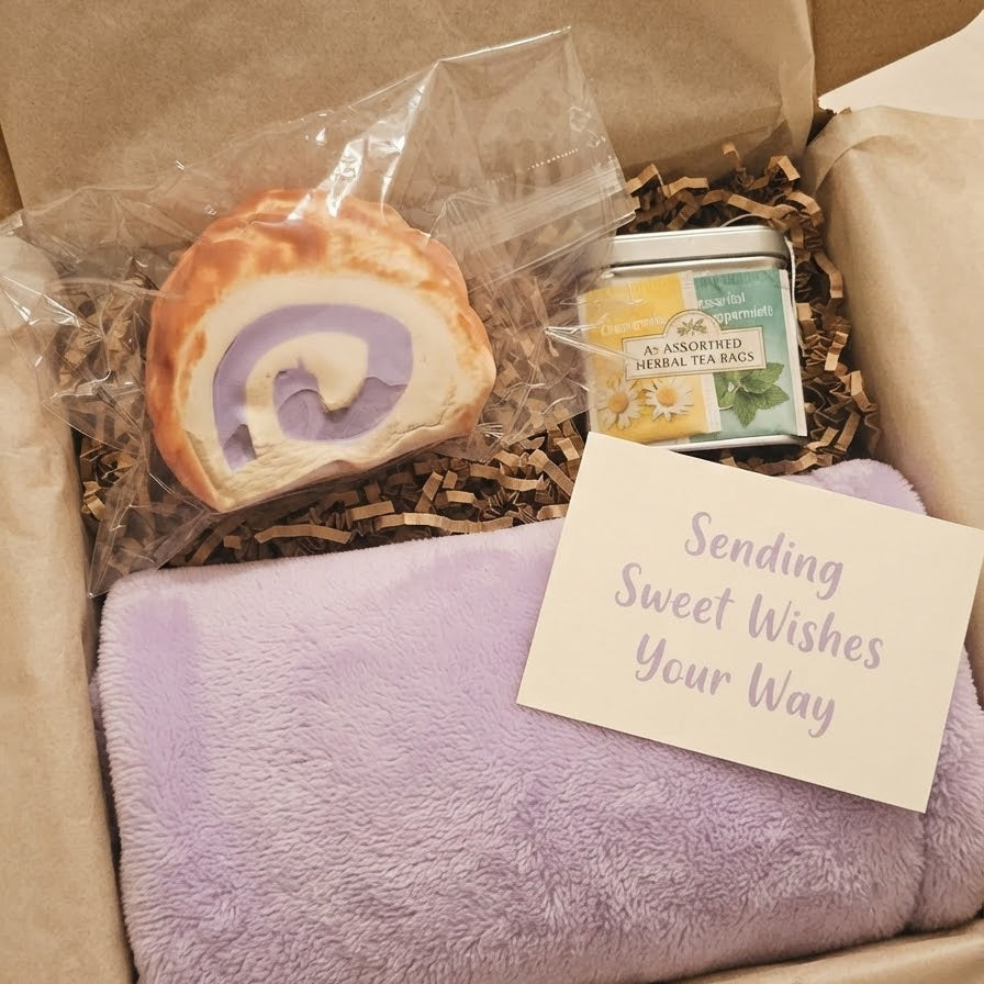A gift box containing a lavender plush blanket, a small jar of tea, a pastry slice in cellophane, and a handwritten card that reads 'Sending Sweet Wishes Your Way'.