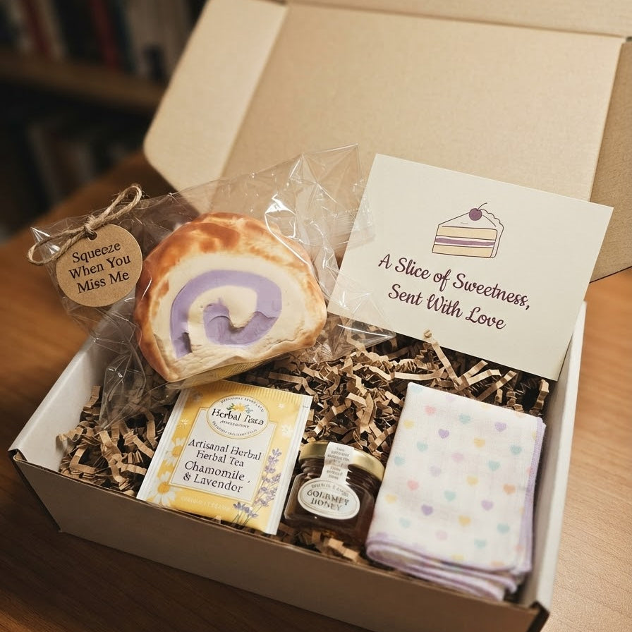 A gift box set on a wooden table, featuring a lavender and cream swirled pastry in cellophane, a small jar, a folded patterned cloth, a tea packet, and a card that reads 'A Slice of Sweetness, Sent With Love'.