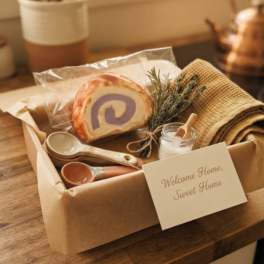 A rustic kitchen gift box filled with home cooking items, including a swirled loaf of bread, wooden spoons, a folded burlap cloth, a small jar, and a card that reads 'Welcome Home, Sweet Home,' set on a wooden table near a window.