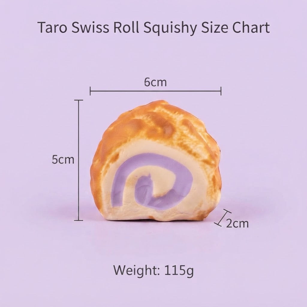 A lavender-colored size chart graphic for a Taro Swiss Roll, showing a 3D model of the roll with dimension lines indicating 6cm width, 5cm height, 2cm depth, and a weight of 115g.