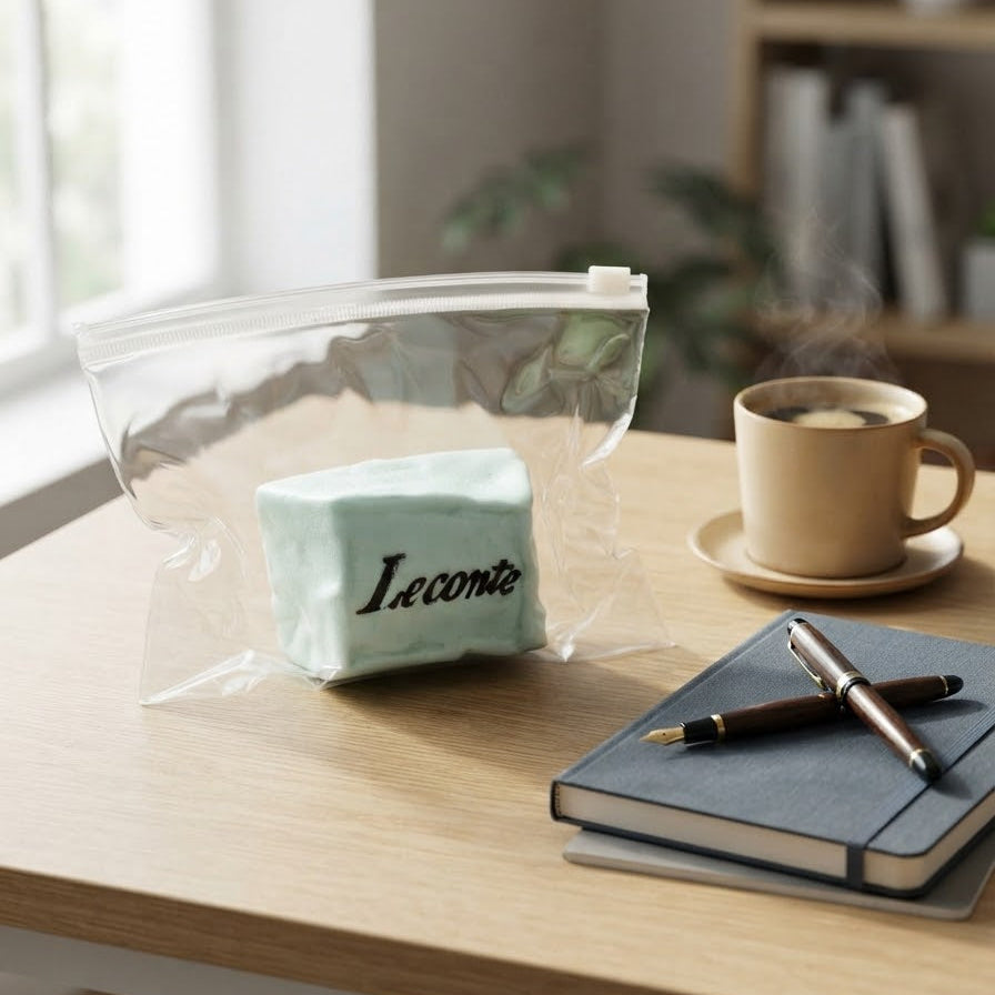 A clear plastic zip-top bag sits on a light wood desk, holding a pale mint green rectangular item with the word 'I' written in black script. A beige coffee cup on a saucer, a dark notebook, and a pen are also on the desk in a softly blurred indoor setting.
