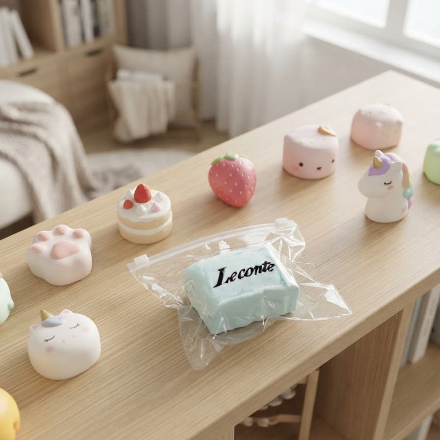 A light blue squishy toy with 'Leconte' printed on it, still in its clear plastic packaging, displayed on a light wood table alongside other cute pastel squishies in a cozy, softly lit room.