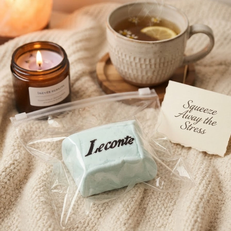 A packaged mint green square product labeled 'Leconte' sits on a beige knit blanket beside a lit amber candle, a mug of tea with a lemon slice, and a small note that reads 'Squeeze Away the Stress'.