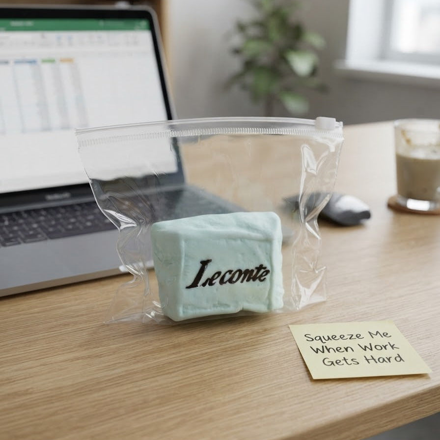 A clear zip pouch on a wooden desk holding a pale mint green square item printed with the word 'Leconte' in black script. A small sticky note on the desk reads 'Squeeze Me When Work Gets Hard.