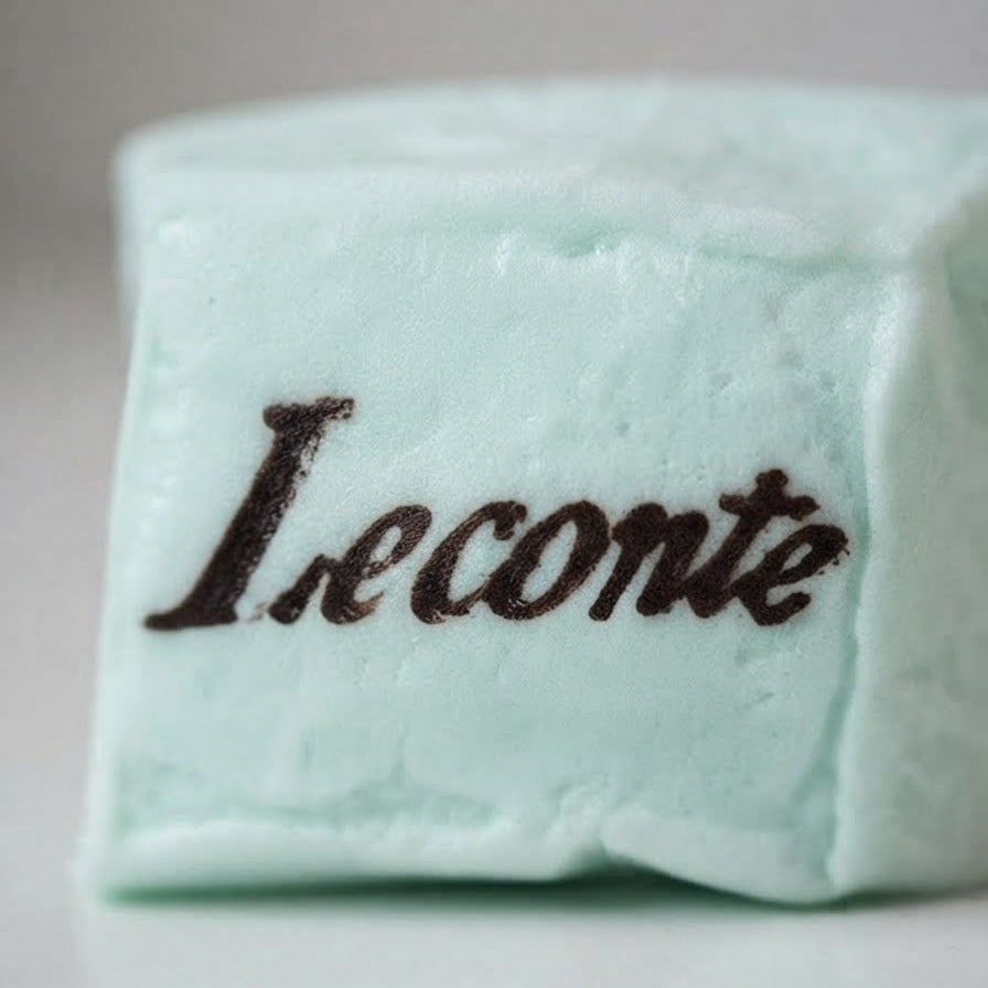 A close-up of a pale mint green soap bar with the brand name 'Leconte' printed in dark brown script on the side, set against a neutral light gray background.