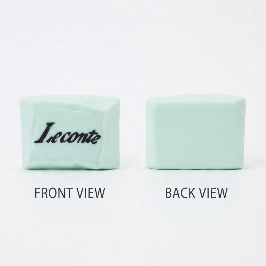 Two mint green rectangular blocks shown on a white background, labeled FRONT VIEW and BACK VIEW, with the word Leconte in black script on the left block.