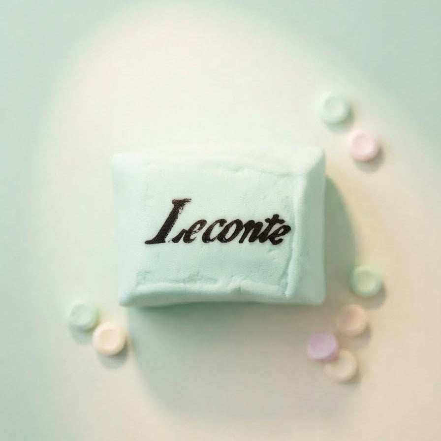 A square white soap bar with the word 'Leconte' written in black cursive script, styled on a pale mint background with scattered pastel soap chips.