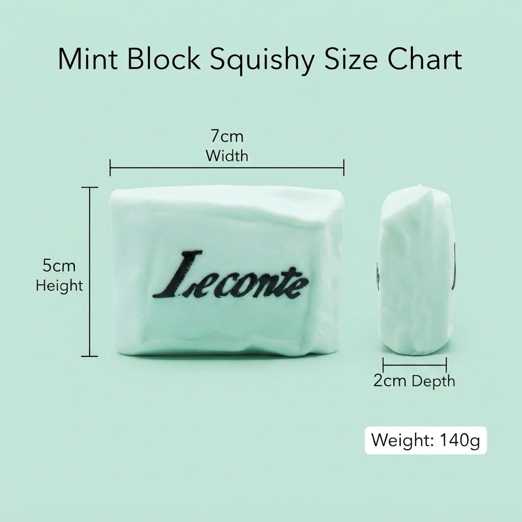 Mint block squishy size chart showing a white rectangular plush toy labeled 'Leconte' with dimensions of 7cm width, 5cm height, and 2cm depth, alongside a smaller side view, on a pale mint green background.