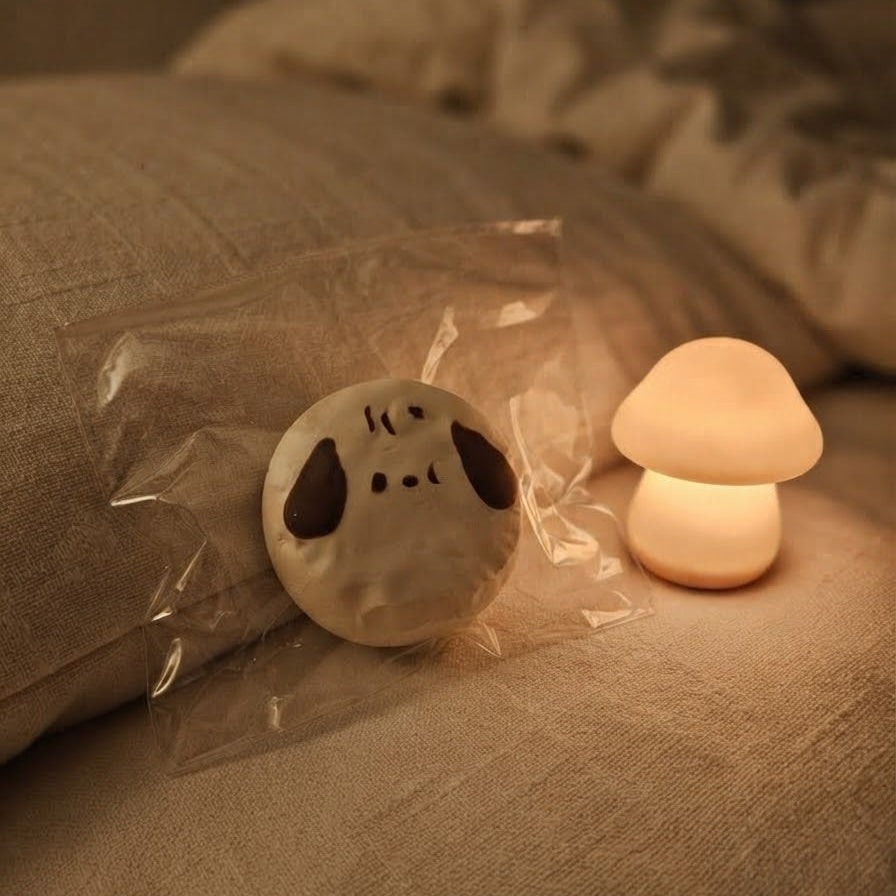 A small mushroom-shaped glowing night light and a round plush toy with dark ear patches sit on a bed, both wrapped in clear plastic.