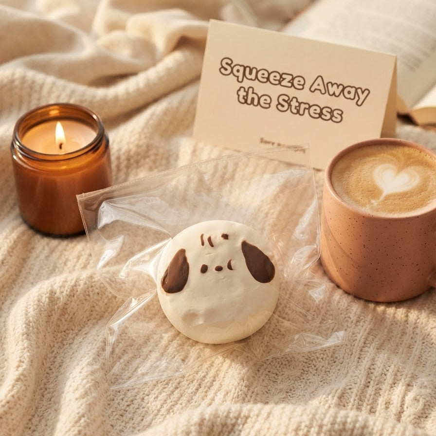 A packaged white dog-shaped squishy toy with brown ears and facial features sits on a beige knit blanket, styled with an amber candle, a cup of latte with heart latte art, and a card that reads 'Squeeze Away the Stress'.