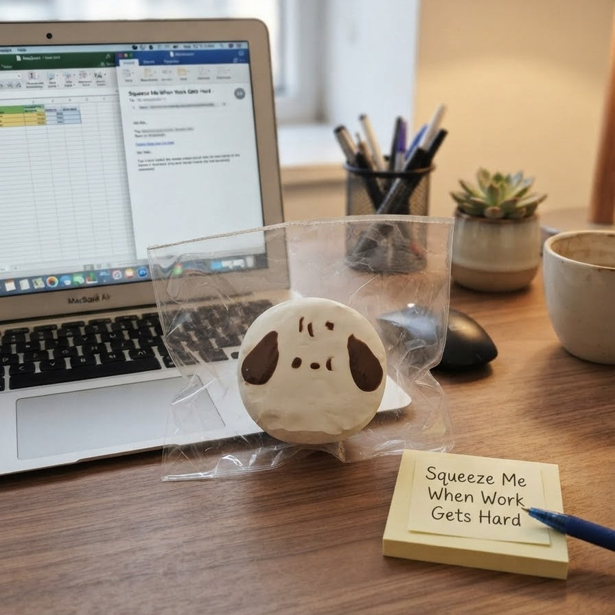A round beige squishy toy with a dark brown dog face is wrapped in clear plastic on a wooden desk next to an open laptop, a sticky note that reads 'Squeeze Me When Work Gets Hard', and other desk accessories.