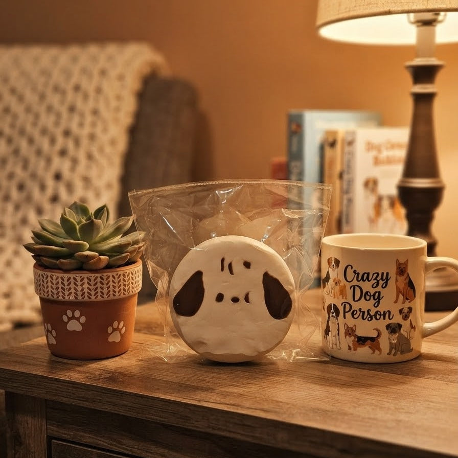 A cozy home scene showing a ceramic dog-shaped cookie in a clear plastic bag, a small potted succulent, and a white ceramic mug printed with 'Crazy Dog Person' and dog illustrations, all arranged on a wooden table next to a lit lamp.