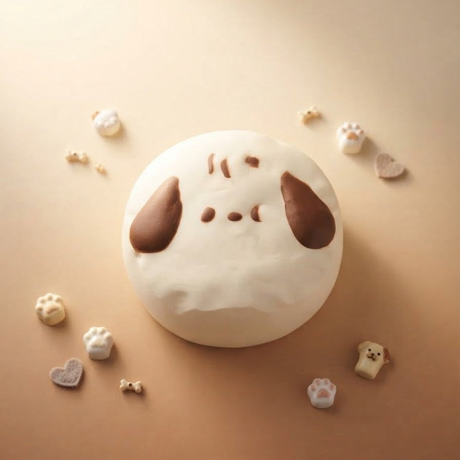 A round white cake decorated to look like a cute dog face with brown ears and facial features, styled on a warm beige background with small paw and heart-shaped cake toppers scattered around.