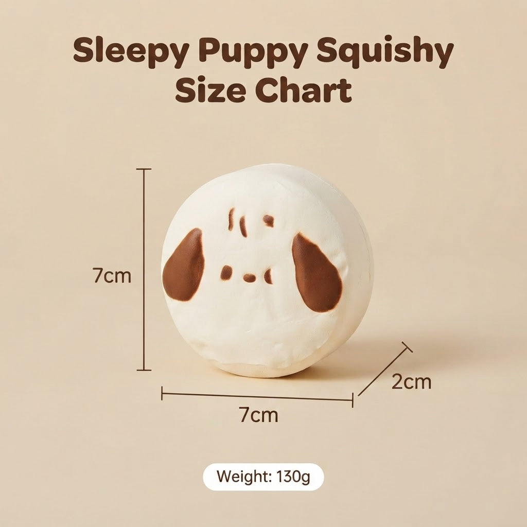 A size chart graphic for a 'Sleepy Puppy Squishy' showing a round white puppy face squishy with brown ears and facial features, annotated with dimensions of 7cm in height and width, 2cm in depth, and a weight of 130g on a beige background.
