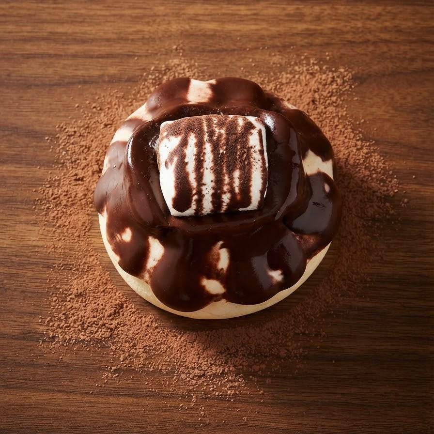 A chocolate-covered pastry or cookie topped with a striped chocolate and cream candy, presented on a dark wooden surface with cocoa powder scattered around it.