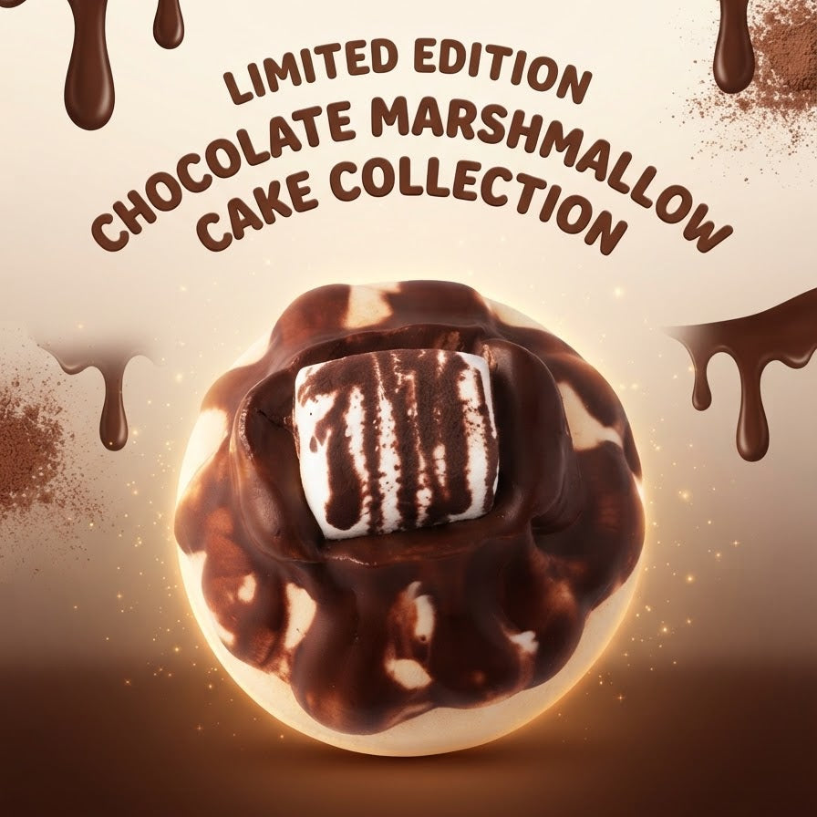 A chocolate-covered cake with a striped marshmallow center, surrounded by dripping chocolate and the text 'LIMITED EDITION CHOCOLATE MARSHMALLOW CAKE COLLECTION' on a warm brown background.