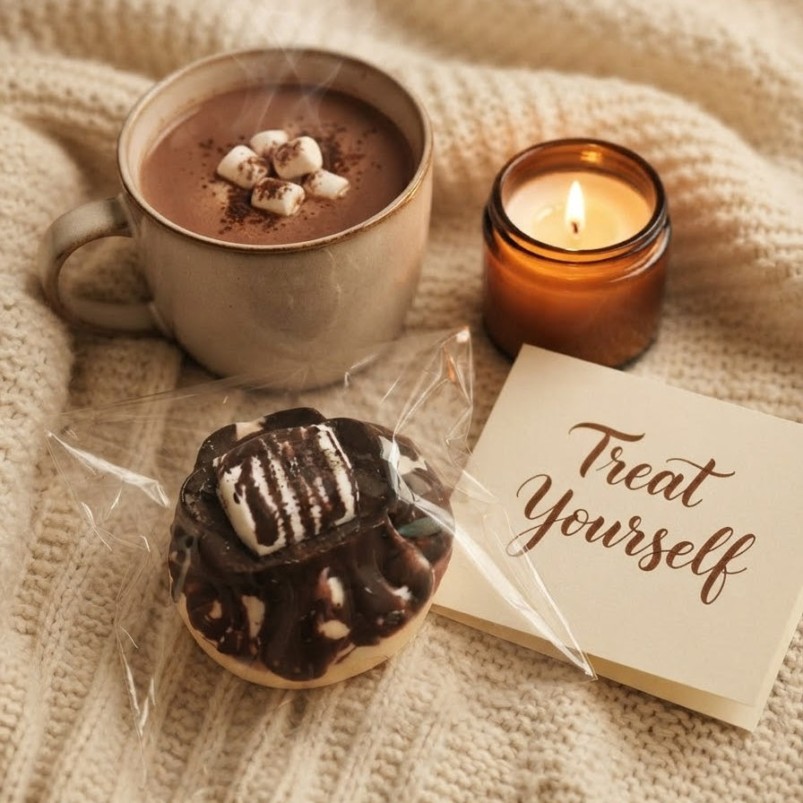 A cozy gift-style still life on a cream knit blanket: a mug of hot chocolate with marshmallows, a lit amber candle, a wrapped chocolate pastry, and a card that says 'Treat Yourself'.