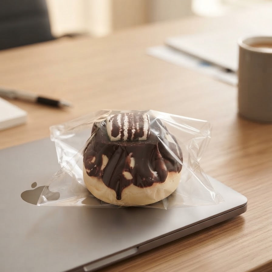A novelty squishy toy shaped like a chocolate-dipped donut, sealed in a clear plastic bag and resting on top of a closed silver laptop on a wooden desk.