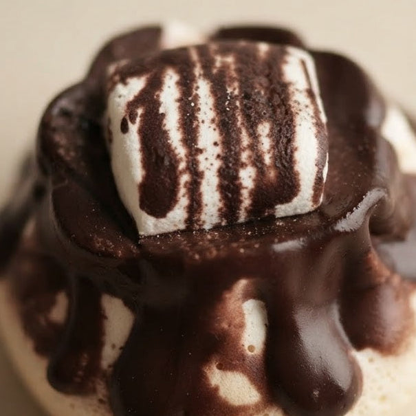 A close-up of a dessert topped with dark chocolate drizzle and a white marshmallow with chocolate stripes, set against a plain beige background.