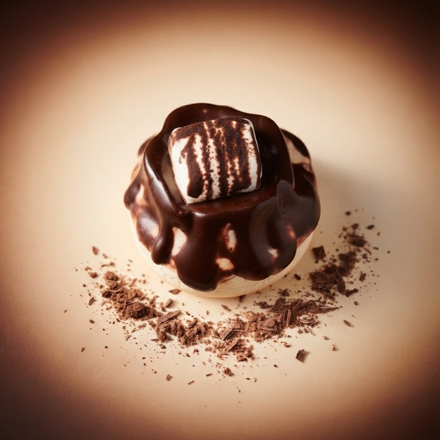 A gourmet chocolate-covered dessert or candy piece with a striped white chocolate top, presented on a warm spotlighted beige surface with scattered chocolate crumbs.