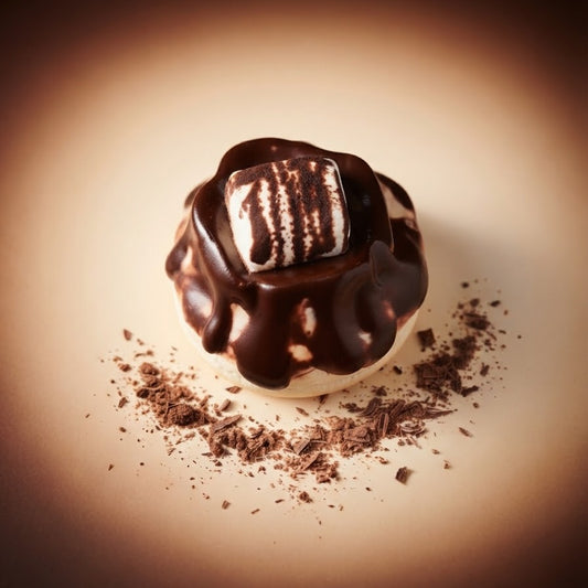 A gourmet chocolate-covered dessert or candy piece with a striped white chocolate top, presented on a warm spotlighted beige surface with scattered chocolate crumbs.