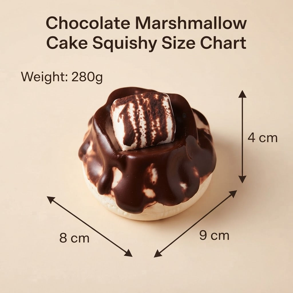Chocolate marshmallow cake squishy with dimension measurements, weight 280g, on a beige background. The image includes text indicating dimensions of 8 cm in diameter, 9 cm in depth, and 4 cm in height, along with a marshmallow on top of dark chocolate frosting.