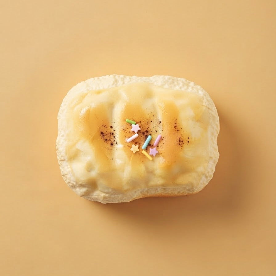 A single baked pastry or bread roll with a glossy golden-brown glaze and small colorful star sprinkles, photographed from above on a warm beige background.