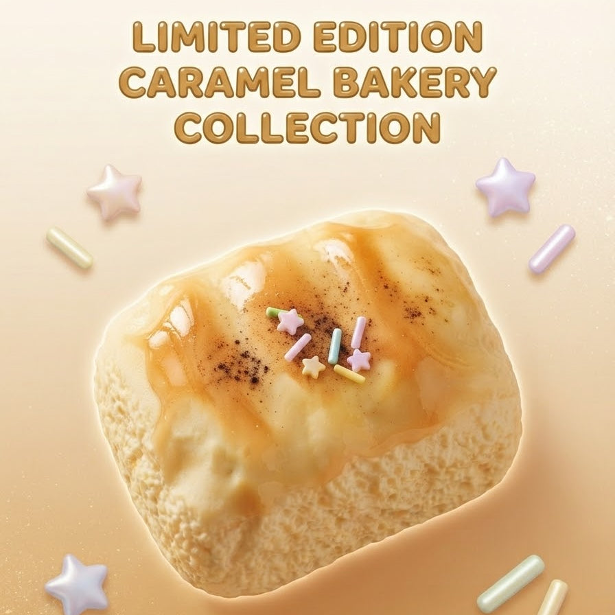 A glazed caramel-topped bakery item centered on a warm beige background with the text 'LIMITED EDITION CARAMEL BAKERY COLLECTION' above it. Decorative pastel sprinkles and star shapes surround the product.
