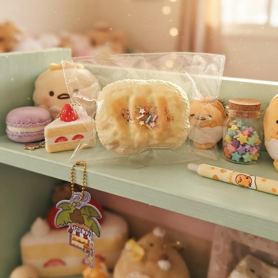 A clear plastic bag containing a small, round, beige squishy toy with colorful sprinkles, displayed on a mint green shelf alongside other cute plush toys and accessories in a cozy, softly lit room.