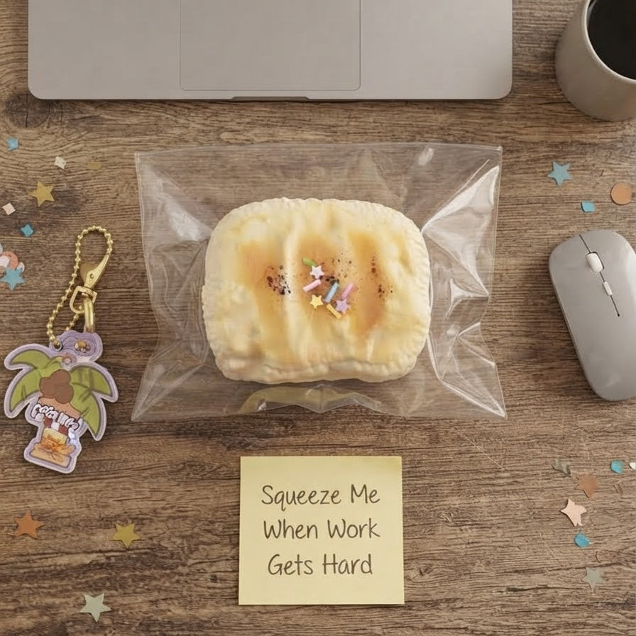 A packaged novelty stress toy shaped like a toasted sandwich with a small character on top, displayed on a wooden desk with a laptop, mouse, coffee cup, and a sticky note that reads 'Squeeze Me When Work Gets Hard'.