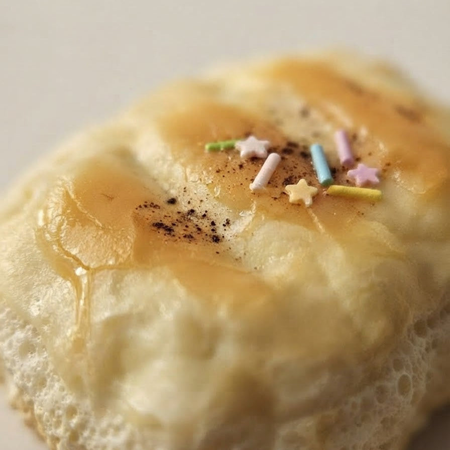 A close-up of a golden-brown baked pastry or bread roll topped with drizzled honey, a sprinkle of cinnamon, and colorful star-shaped sprinkles on a light neutral background.